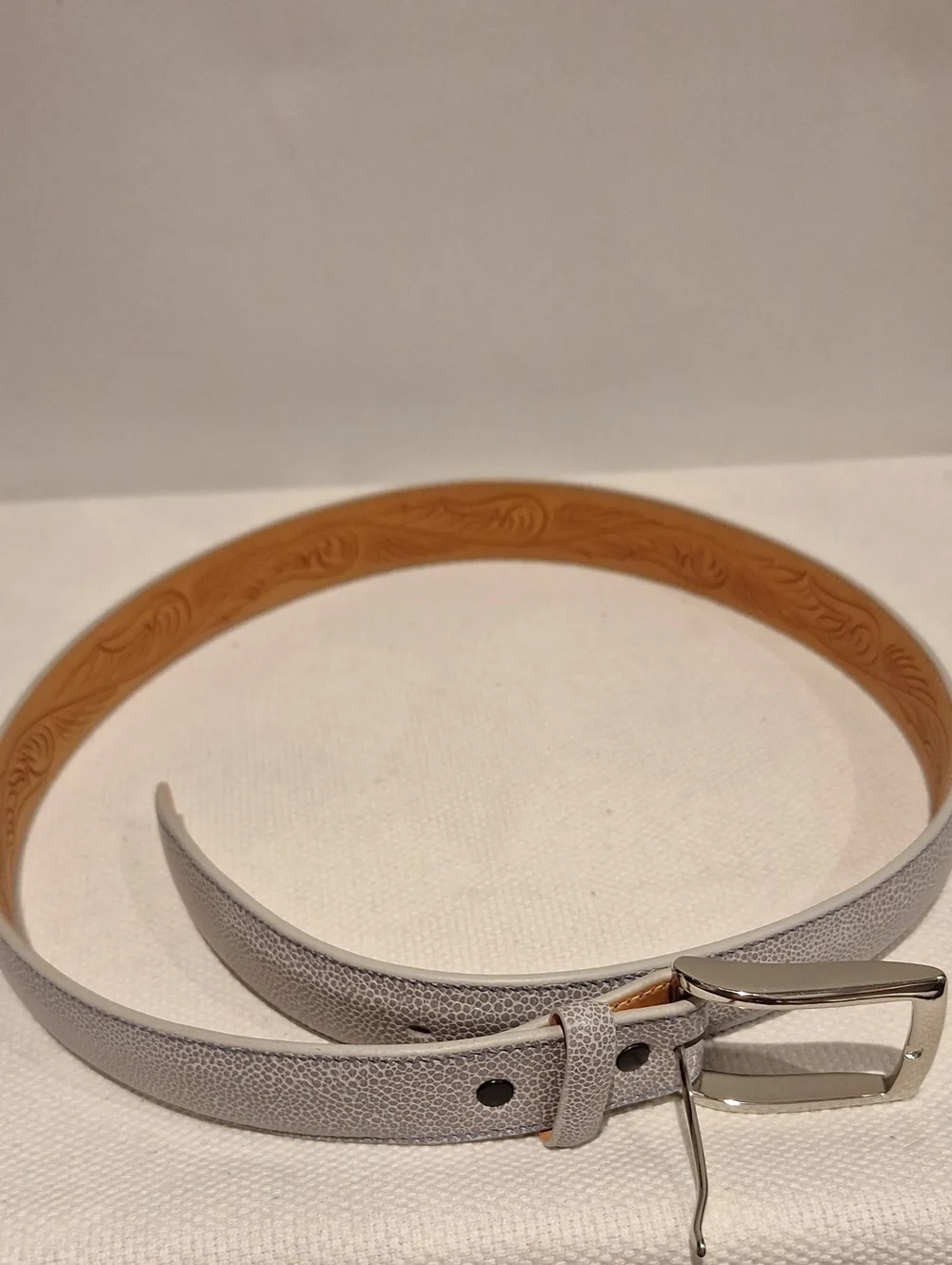 Mercury Leather Works Textured Light Gray Leather Belt with Silver Tone Buckle